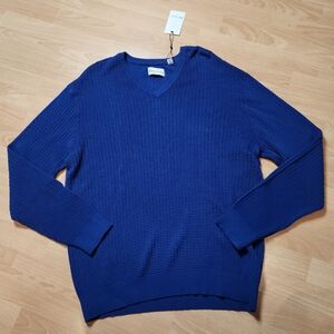 NWT Robert Graham 100% Cotton Blue V-neck Lightweight Textured Selby Sweater XL